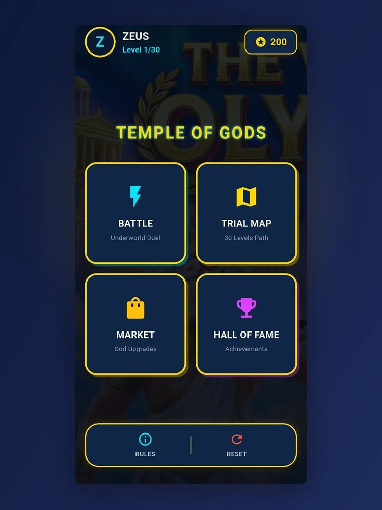 Menu Temple of Gods com o perfil de Zeus e os quatro modos da versão templo de Gates of Olympus